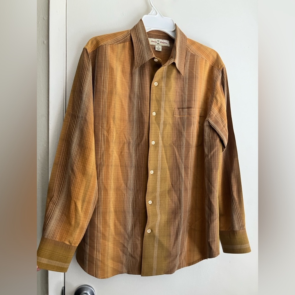 Gold & Brown Tommy Bahama Men’s Long Sleeve Silk Shirt White Overstitched Check